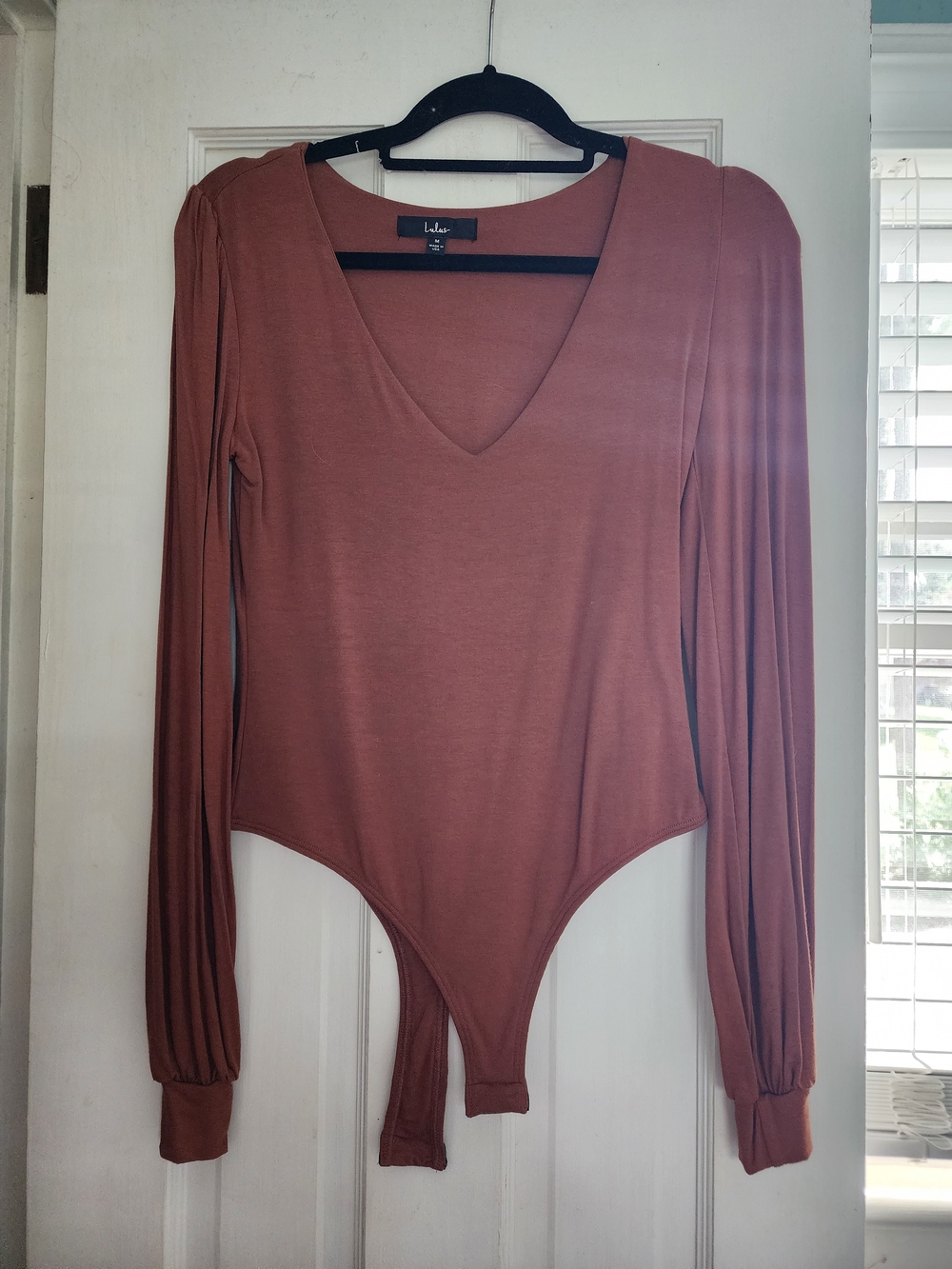 Kaylene Rust Orange V-Neck Balloon Sleeve Bodysuit